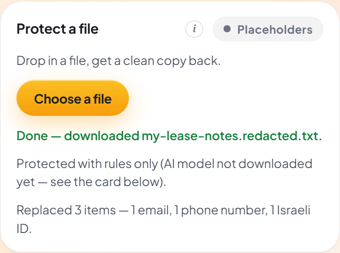 The Protect a file card after protecting: Done — downloaded my-lease-notes.redacted.txt, a note that the file was protected with rules only, and a report reading Replaced 3 items — 1 email, 1 phone number, 1 Israeli ID.