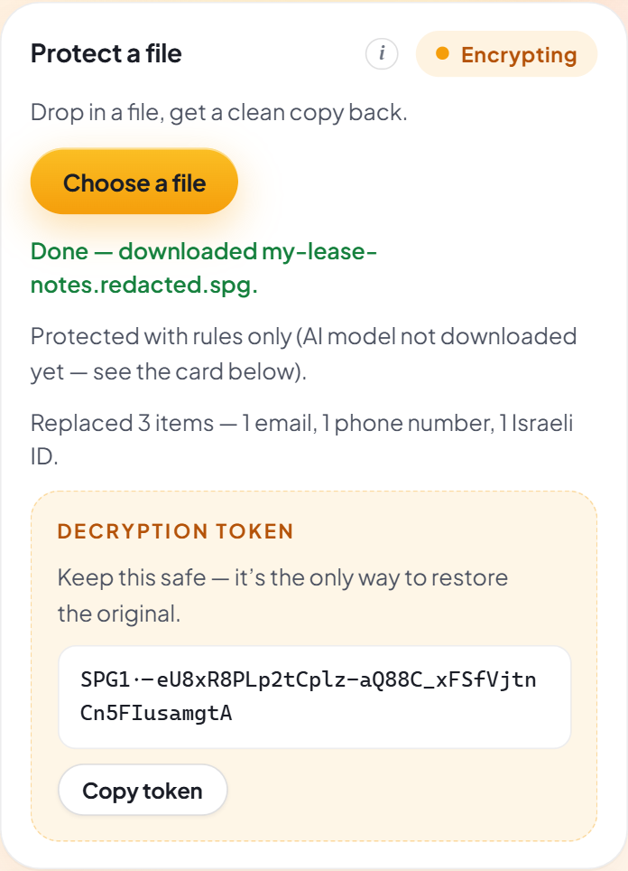 The Protect a file card with encryption on: the pill reads Encrypting, the download is my-lease-notes.redacted.spg, and below the report sits a Decryption token box with a Copy token button.
