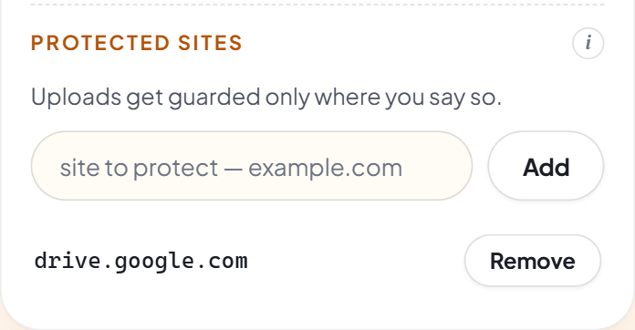 The Protected sites list: a site-to-protect input with an Add button, and drive.google.com listed with a Remove button beside it.