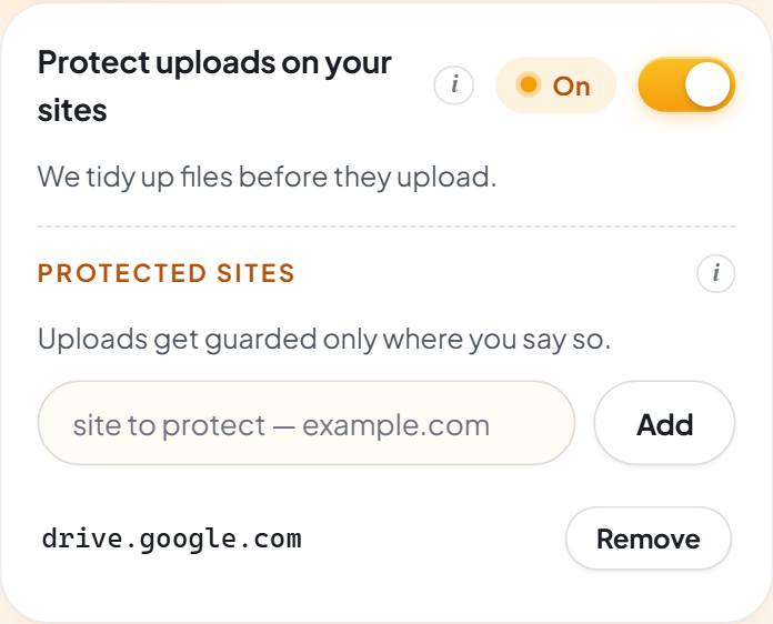 The Protect uploads on your sites card switched On, with its Protected sites list showing drive.google.com added.