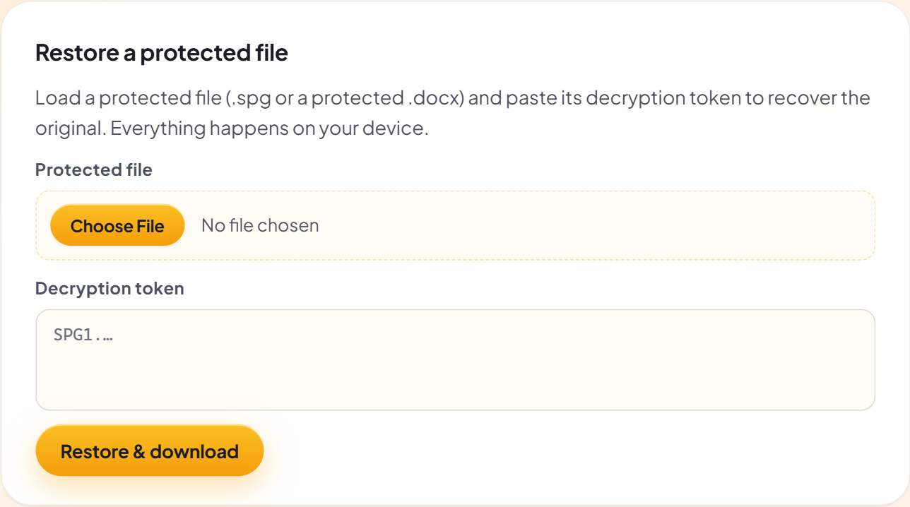 The Restore a protected file card: choose the protected file, paste the decryption token, and click Restore and download.